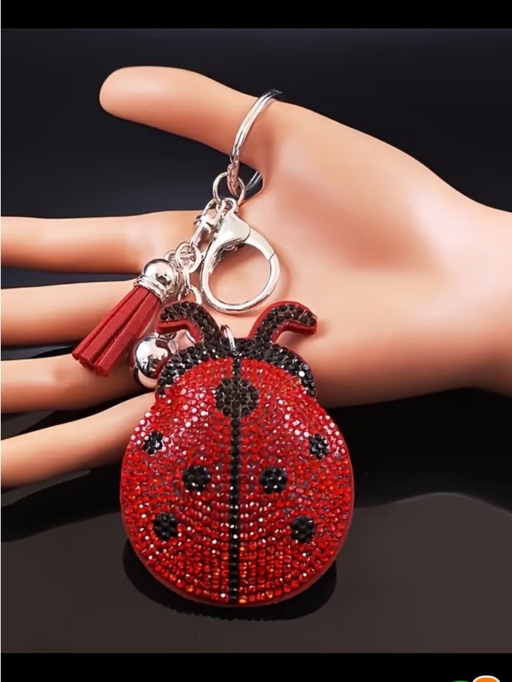 Rhinestone Ladybug Keychain with Tassel - Red & Black